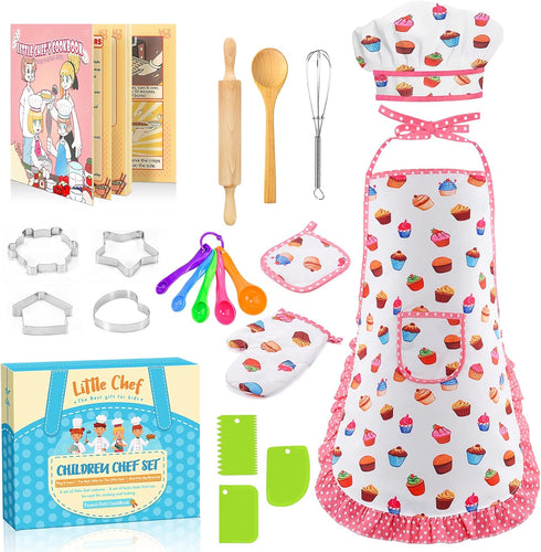 Cute Stuff Apron for Girls, Kids Cooking Sets with Toddler Chef Hat and Cookbook, Birthday Gifts for 3-8 Year Olds