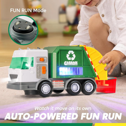 Set Vroomix LED Garbage Truck Toy Includes Dumpster, Toy Truck with Mode Switch & Volume Control, Trash Vehicle