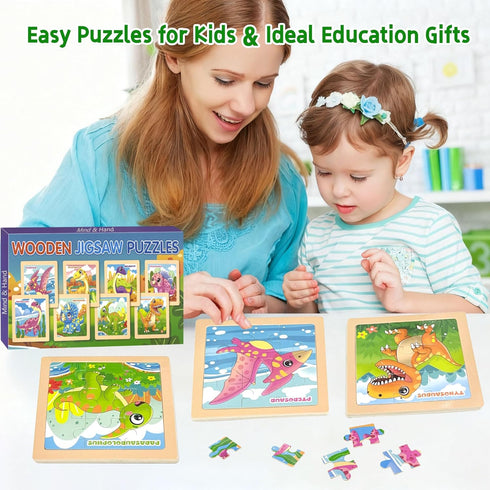2-4, 8 Pack 9 2-4, 3-5, 3-5, Sets Wooden Dinosaur Puzzles for Toddlers PCS Jigsaw Puzzles for Kids Wooden Puzzles