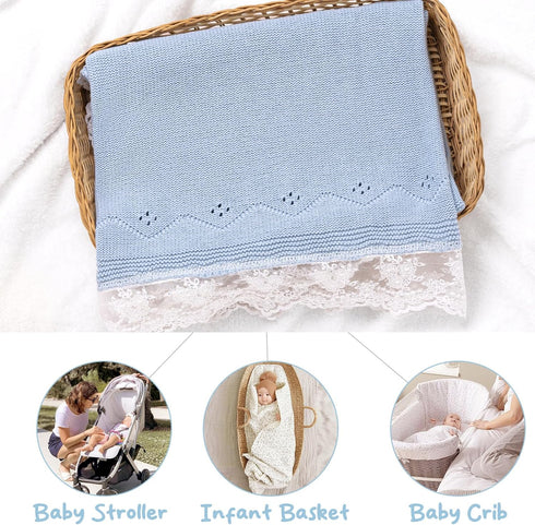 Booulfi Baby Blankets Neutral Knitted Blue Cotton Blue Baby Blanket Stroller Lace Border Crochet Winter Crib Baby