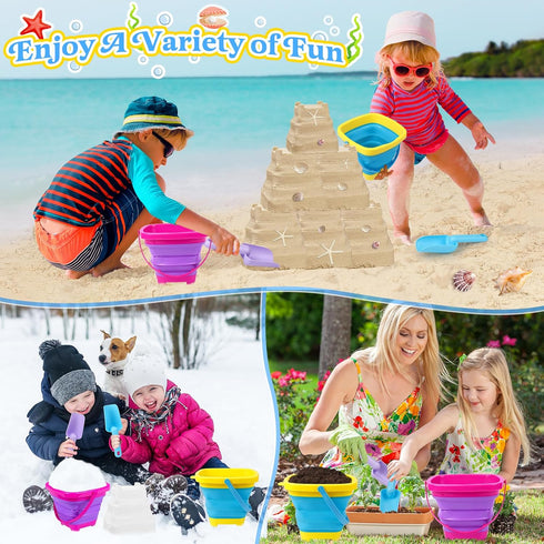 2 Packs Collapsible Beach Buckets for Kids, Foldable Sand Buckets and Shovels with Mesh Beach Bag, Silicone Sand Pails