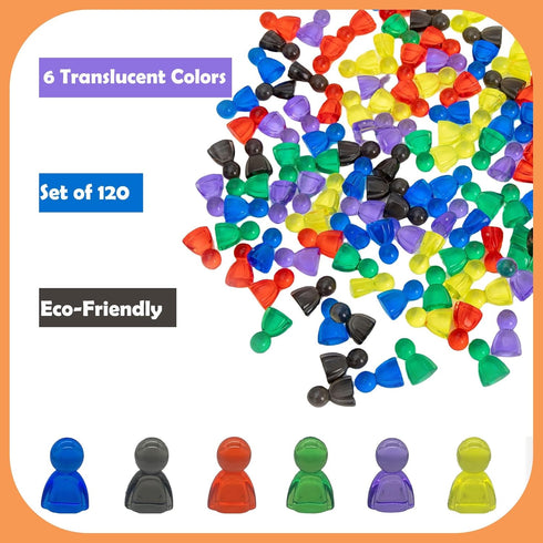 120 Pieces Multicolor Game Pawns, Plastic Tokens Board Game Accessories with Portable Box (Translucent, 6 Colors)