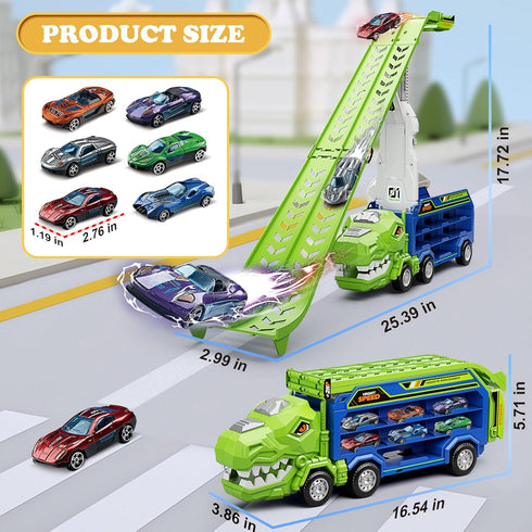 3, 4, 5, 6, 7, 8 6 Dinosaur Truck Car Toys for Years Old Kids, Carrier Truck Race Track Toys, Foldable Transport Car