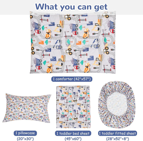 lasoftan Set 4 Sets, Set Construction Toddler Bedding for Boys, Piece Bed-in-a-Bag Toddler Comforter Excavator, Cars