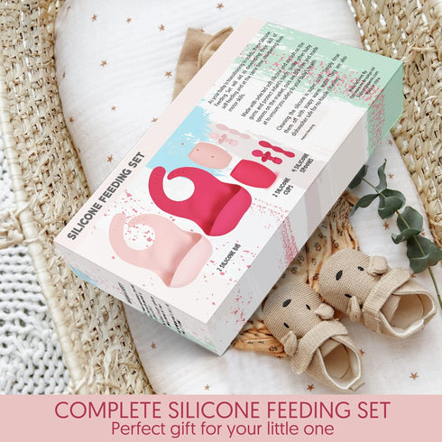 Baby Silicone Feeding Set - Set of 8 Baby Led Weaning Utensils, Smooth Waterproof Silicone Bibs, Cups for Toddlers