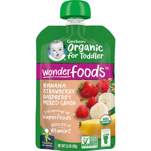 Gerber Organic Baby Food Pouches, Toddler WonderFoods, Banana Red Berries Granola, 3.5 Ounce, Pack of 12