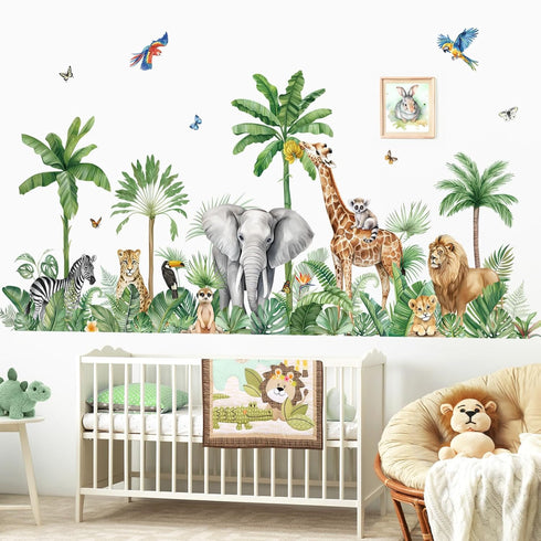 decalmile Large Safari Animals Tropical Tree Wall Decals Jungle Animals Giraffe Elephant Lion Wall Stickers Living Room