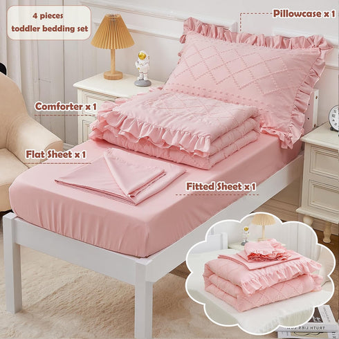 4 Set Set Set Piece Boho Tufted Toddler Bedding for Girls Pink Ruffle Crib Bed Sheets Soft Jacquard Embroidery Toddler