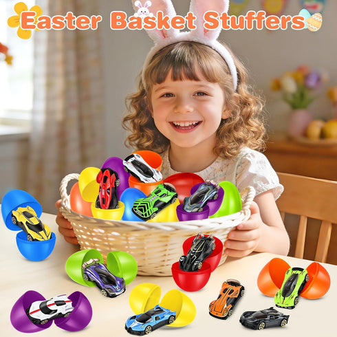 12 Pack Shemira Easter Eggs Filled with Die-cast Racing Cars for Kids Boys Easter Basket Stuffers, Prefilled Easter