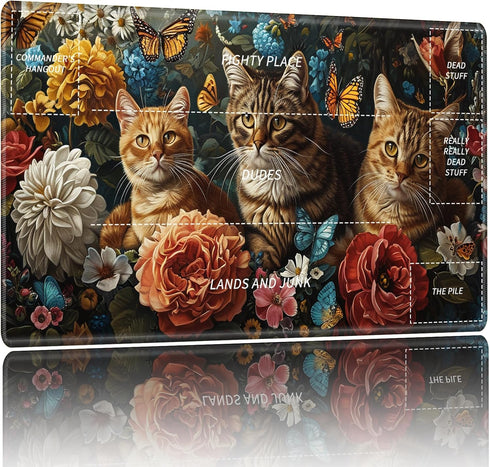Playmat for MTG - Stitched Card Game Mat with Magic Zones, 24 x 14 inches - Cat Hydrangea Flower