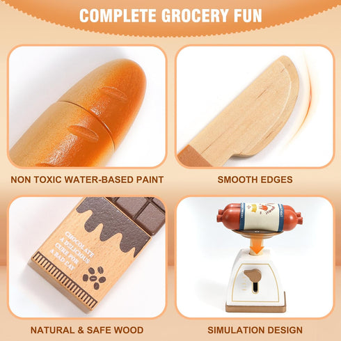 Set Pithfor Wooden Play Food for Kids Toddlers, Grocery Store Pretend Play Food, Pretend Grocery Shopping & Play