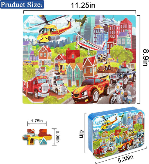 LELEMON Puzzles for Kids Ages 4-8 Vehicles Jigsaw Puzzles in a Metal Box for Kids Boys Girls 100 Pieces Fire Truck Ambulance Police Car Helicopter Aircraft Learning Educational Puzzles