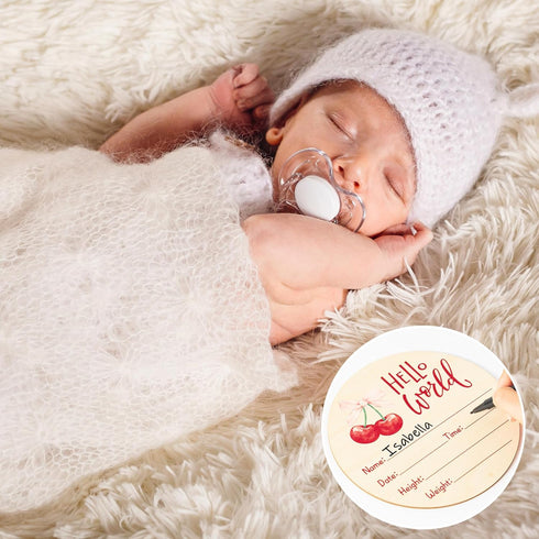 R HORSE Baby Announcement Sign with Ink Pad and Marker Pen Cherry Pink Bow Hello World Wooden Keepsake for Newborn
