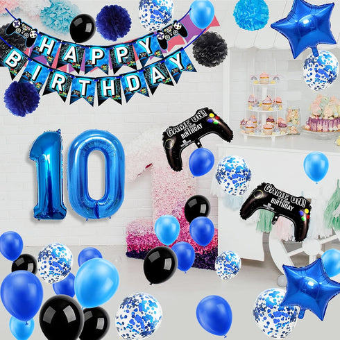 53 PCS 10th Birthday Decorations for Boys - Blue Video Game Party Supplies, Include Happy Birthday Banner, Number 10
