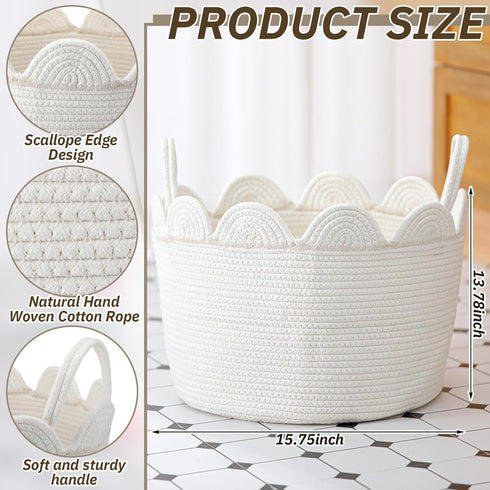 LemonRoad 15.8"L 15.8"W X13.8"H Closet White Round Basket Large Blanket Basket x Scalloped Woven Baskets Cotton Storage