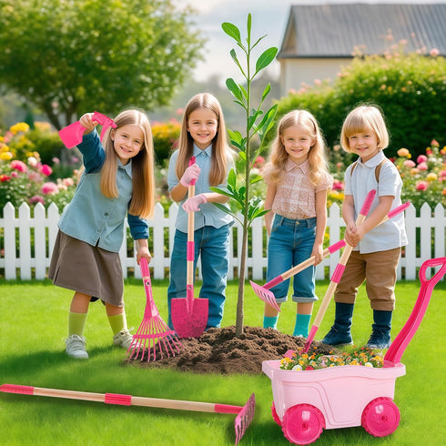 Set Wheelbarrow Set Summer 2 3+ Kids Gardening Tools Outdoor Toys - Backyard Play for Kids with Shovel, Rake, Leaf