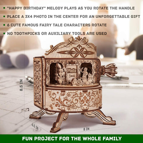 Wood Trick Happy Birthday Fairy Theater Wooden Music Box Kit - 3D Puzzle with Fairy Characters - Hand Crank for Kids &