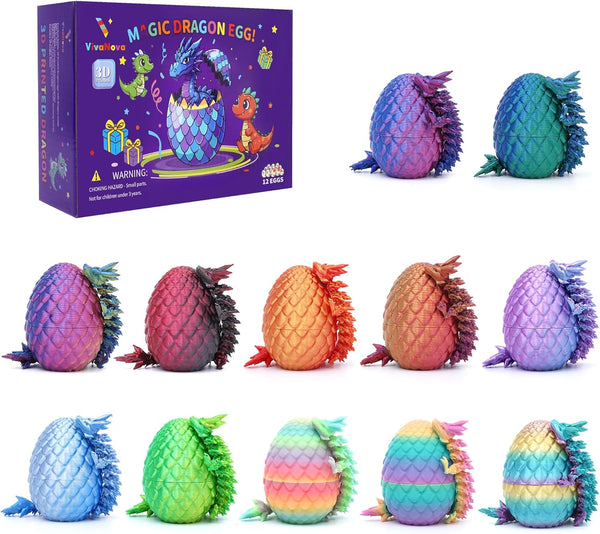 VivaNova 12 Pack 3D Printed Easter Dragon Eggs, Prefilled Easter Eggs with Articulated