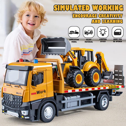 Tow Truck Toy Metal Cab with Flatbed, Friction Powered Transport Trailers with Lights and Siren Sounds