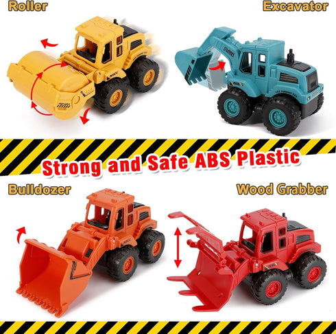 4Pcs Friction Powered Construction Truck Toys, Push and Go Vehicles for Outdoor Play, Gift for Boys Ages 3-8