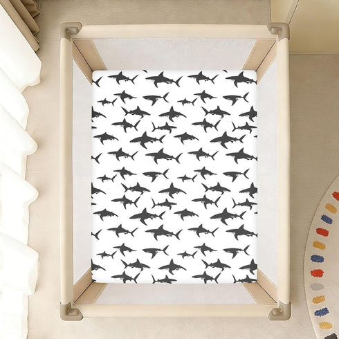 miaozhen 1 Pack 52x28 Cotton Baby Crib Sheets for Boys Girls Comfy Breathable Shark Silhouette Black and White Crib
