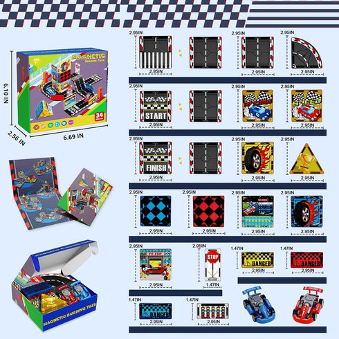Set, 2 3 4 5 6 7 8, 3 Magnetic Tiles Road Rail Race Track with Racer Cars, Magnetic Car Racing for Kids Ages Magnet