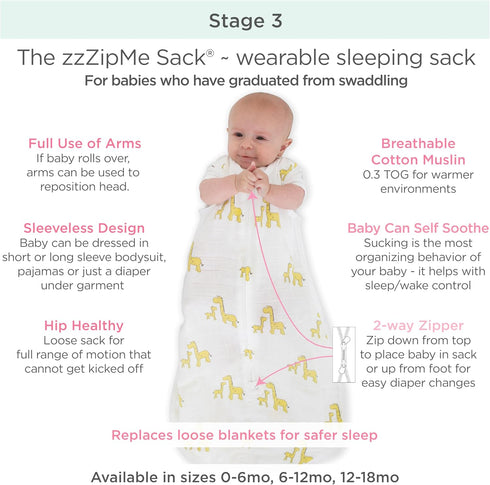 2-Way SwaddleDesigns Muslin zzZipMe Sleeping Sack, for Baby Boy and Girl, Wearable Blanket with Zipper