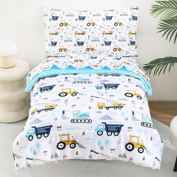 lasoftan Cars Toddler Bedding Set, 4-Piece Bed-in-a-Bag Comforter Set for Boys, Construction Truck