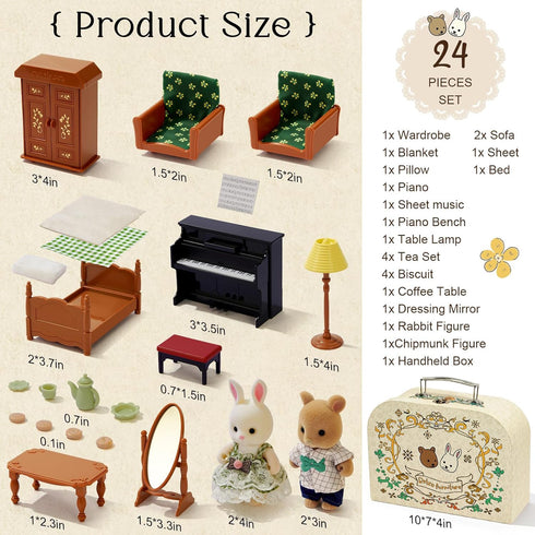 Set 2 3+ Dollhouse Bedroom Furniture Accessories Suitcase for Kids, Flexible Dolls/Table/Bed/Bedclothes/Floor