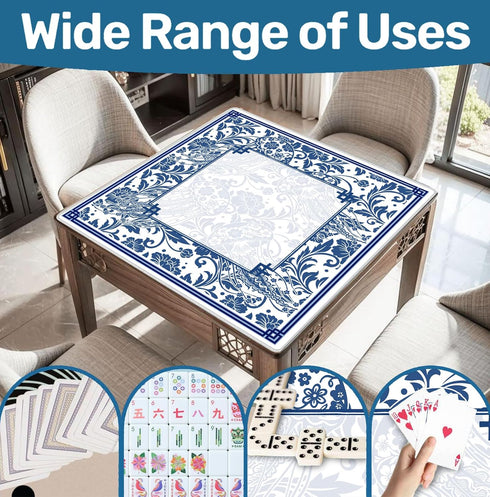 31.5" 31.5", Blue Chinoiserie Mahjong Mat x Vintage Blue Floral Non-Slip Noise Reduction Mahjong Table Cover