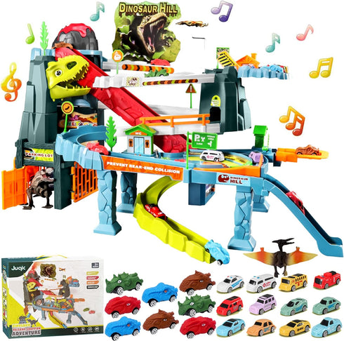 Juqic Children's Toy Car Ramp Track Dinosaur Spray Hills Adventure Railcar Slot Car