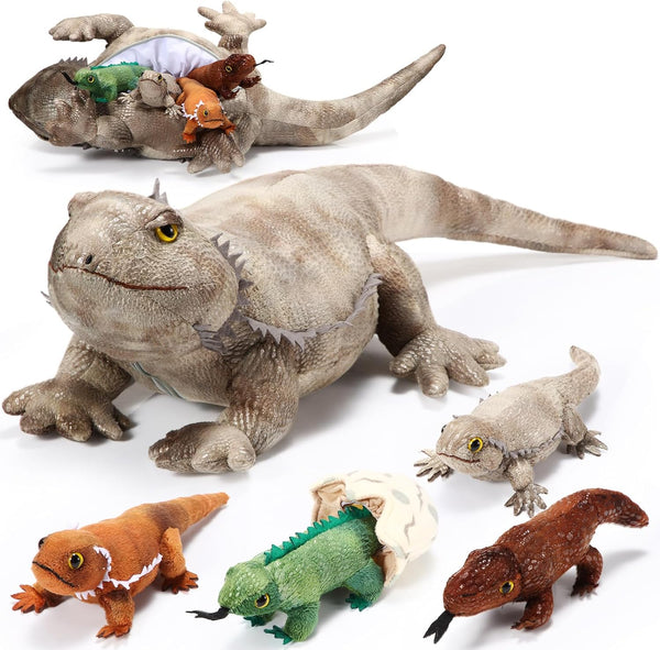 Lenwen 5 Pieces Bearded Dragon Lizard Plush Toy Set, 26 Inch Bearded Dragon Stuffed Animal with 4 Plush Baby Lizards