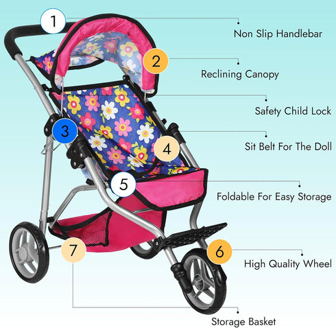 fash n kolor Baby Doll Stroller Gift for Kids, Toy Doll Stroller with Adjustable Canopy & Storage Basket Push Pram Baby