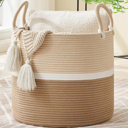 KAKAMAY Large Blanket Basket (18"x18"x16"),Woven Baby Laundry Hamper for Storage, Cotton Rope