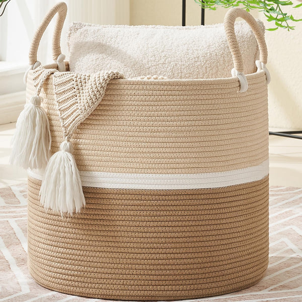 KAKAMAY Large Blanket Basket (18"x18"x16"),Woven Baby Laundry Hamper for Storage, Cotton Rope
