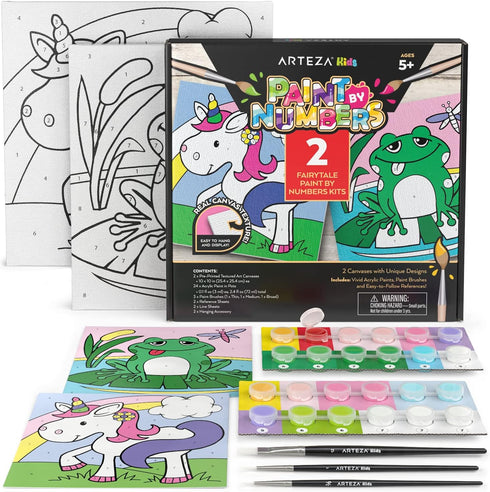 Arteza Kids Paint by Numbers Kit, 10" x 10", Fairytale Canvas Painting with 2 Canvases & 24 Acrylic Paints