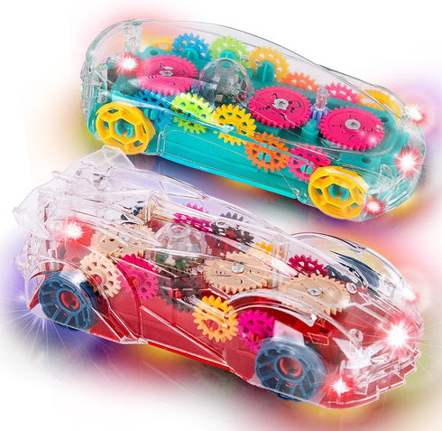 ArtCreativity Light Up Transparent Toy Cars - Set of 2 Bump and Go Toy Cars with Colorful Moving Gears and Music