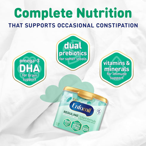 Enfamil Reguline Baby Formula, Milk-Based Infant Nutrition, 19.5 Oz, Dual Prebiotics for Soft Stools, Omega-3 DHA for