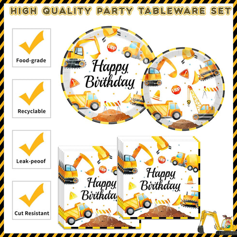24 Construction Birthday Party Supplies for Guests - Decorations Include Plates, Napkins, Cups, Tablecloth, Cake