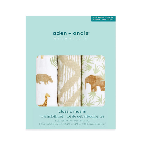 3-Pack, 100% 3 11x11 aden + anais Essentials Washcloth Super Soft Cotton Muslin, Gentle on Skin, Absorbent Layers