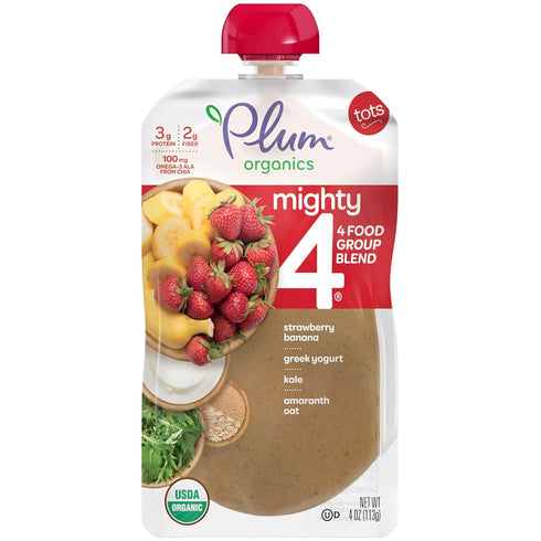 Plum Organics Mighty 4 Blends - Strawberry Banana, Greek Yogurt, Kale, Oat & Amaranth, 4oz (Pack of 6)