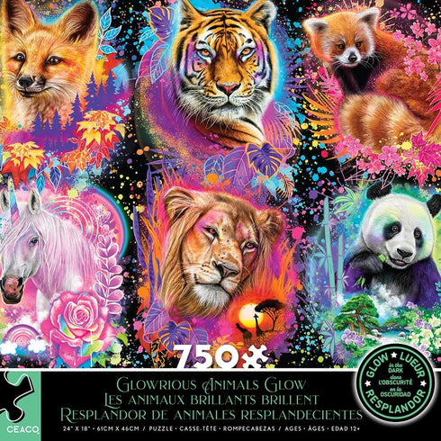 Ceaco Glow in The Dark Glowrious Animals, 750 Piece Jigsaw Puzzle