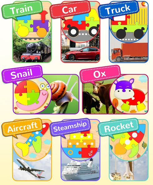 8 Pack Wooden Toddler Puzzles Gifts for Boys Girls Age 1-3, Montessori Educational Developmental Learning Travel Toy