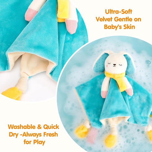 0-3-6-12 Set hahaland Baby Lovey Security Blanket, Plush Hanging Sensory Toy with Teether, Rattle & Crinkle for Infant
