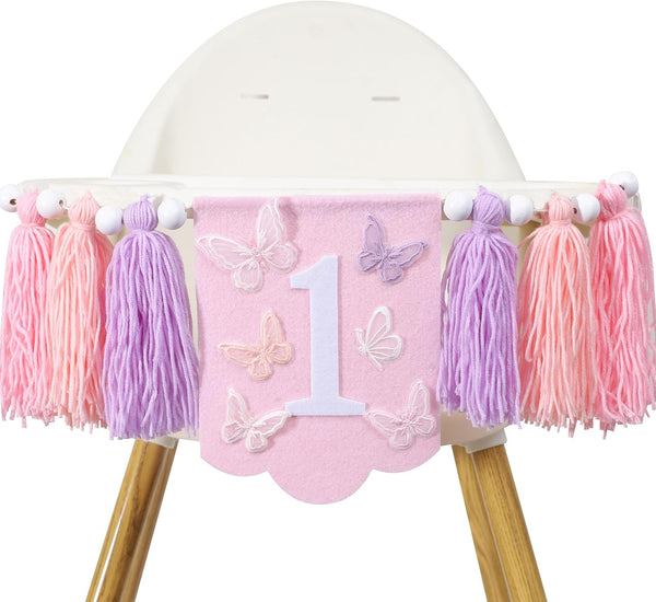 BASCT Butterfly 1st Birthday High Chair Banner - Fairy Pink and Purple Tassel,