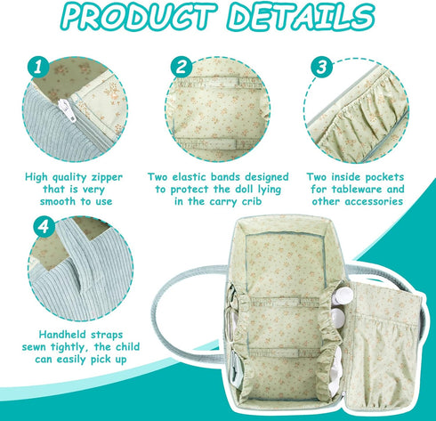 Set 7 Set, 16-18 Inch Rakki Dolli Doll Carrier Doll Carry Cot Carry Crib with Feeding Utensils Feeding & Changing