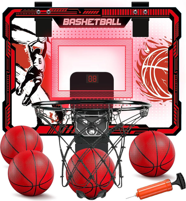 Basketball Hoop Indoor, Over The Door Mini Hoop with LED Lighting, Electronic Scoreboard, 4 Balls & Pump, Basketball