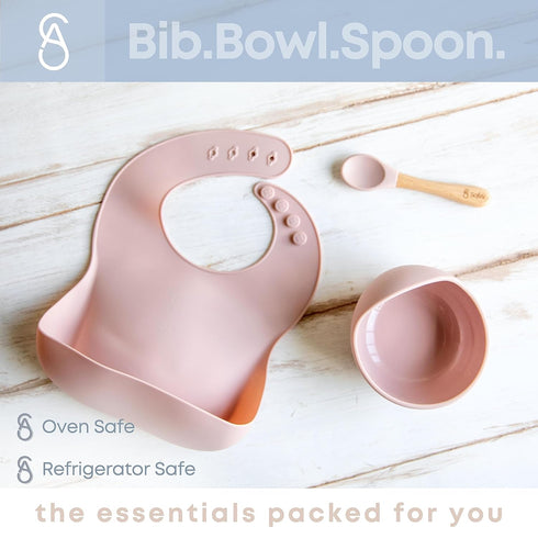 Silicone Baby Feeding Set, Baby Led Weaning Supplies, First Stage Baby Eating Set, Silicone Suction Bowl, Bib, Spoon, Gift Bag, Toddler Self Feeding Utensils, Premium Baby Utensils 6-12 Months