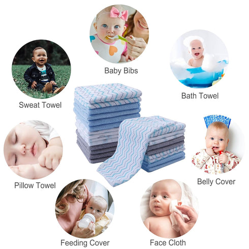 Softan Baby Washcloths, 24 Pack Extra Soft & Ultra Absorbent Baby Towels, 9x9 Blu Elephant for Sensitive Skin