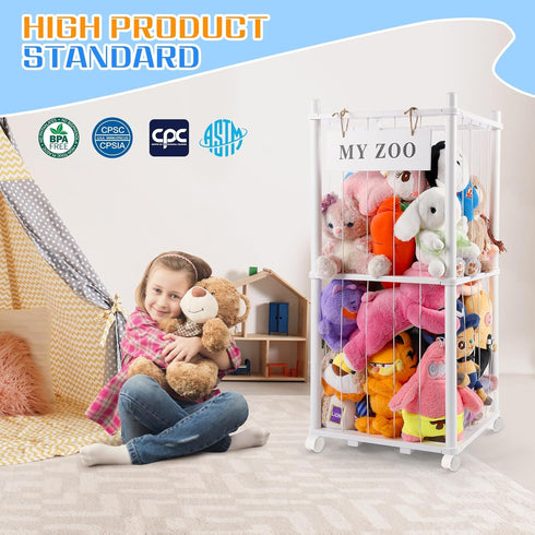 GLDZI Stuffed Animal Storage Zoo with Wheels, Wooden Stuffed Animal Organizer with Elastic Cords, Space Saving Toy